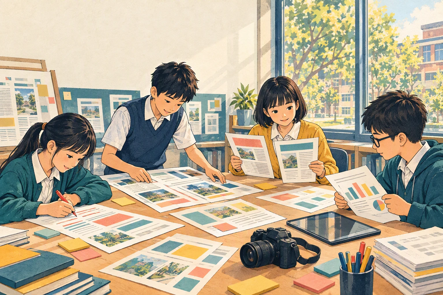四位高年級學生在校刊編輯桌前閱讀稿件、討論標題與校對文章